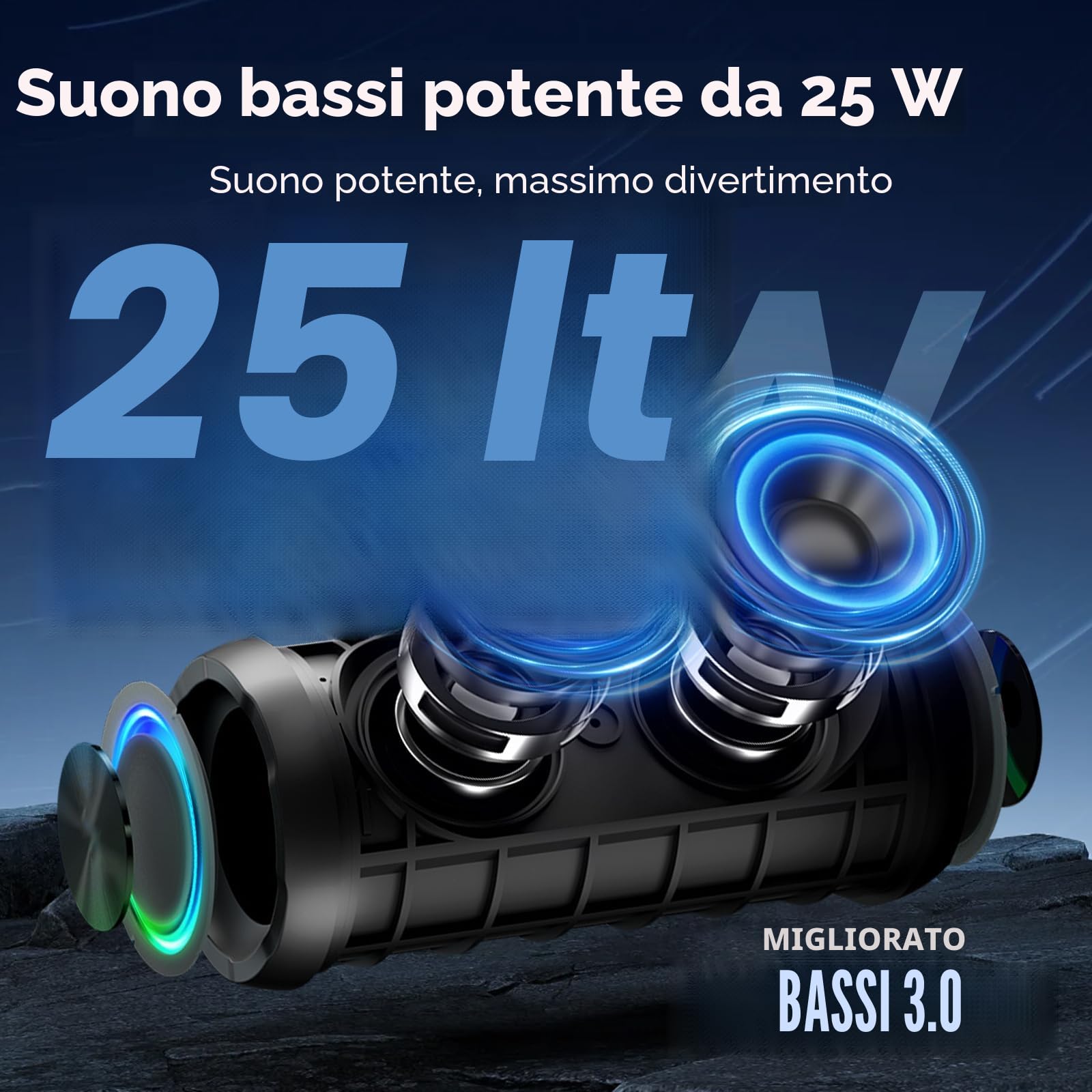 Cassa Bluetooth Portatile Potente, 25W Altoparlante Bluetooth 5.4 con 2 Modalità EQ, IPX7, TWS, 24H di Autonomia Speaker Bluetooth, 8 Modalità RGB, Cinghia da Trekking, Compatibile con PC, AUX, TF