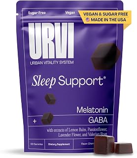 URVI® Natural Sleep Aid Gummies for Adults, 500mg GABA, Valerian Root, Lemon Balm, Lavender & Passionflower, 1mg Melatonin, Calm & Relax Support, Vegan, Sugar-Free, Gluten-Free, Matte, Cherry, 60 Ct