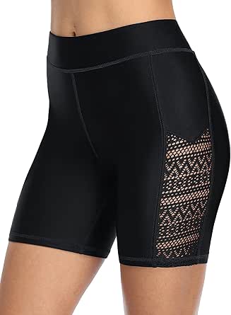ALove Womens Hollow Out Swim Shorts High Waisted Swimsuit Bottoms Black Swim Capri Pants Ladies Long Boardshorts