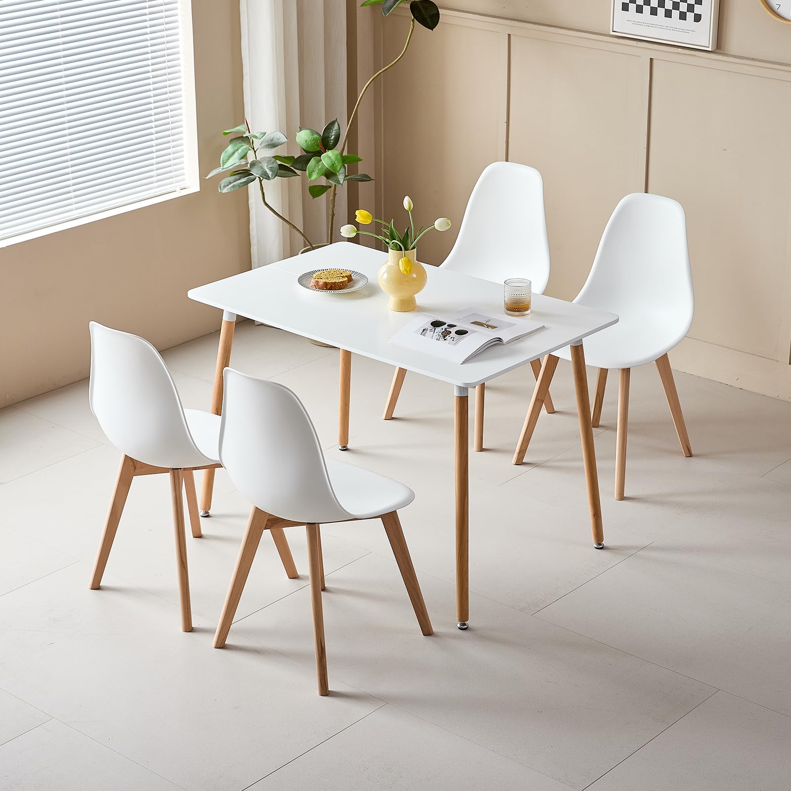 GrandCA HOME Sedia da pranzo in Stile Nordico,Set di 4 sedie con Gambe in Legno massello, Adatto per sala da pranzo soggiorno (Bianco)