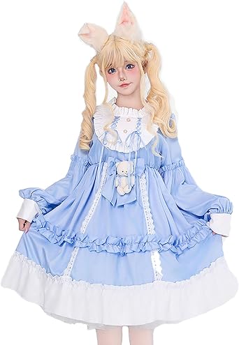 Girls Sweet Bear Bow Lolita Dress Cute Lace Ruffle Long Sleeve Chiffon Princess Dress Anime Party Fairytale Style Dresses