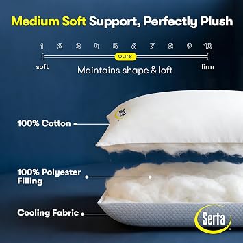Serta Cooling Bed Pillows Queen Size Set of 2, 20x28, Medium Soft | Reversible Cooling & Cotton Fabric, Down Alternative Breathable Pillow for Hot, Side, Back & Stomach Sleepers