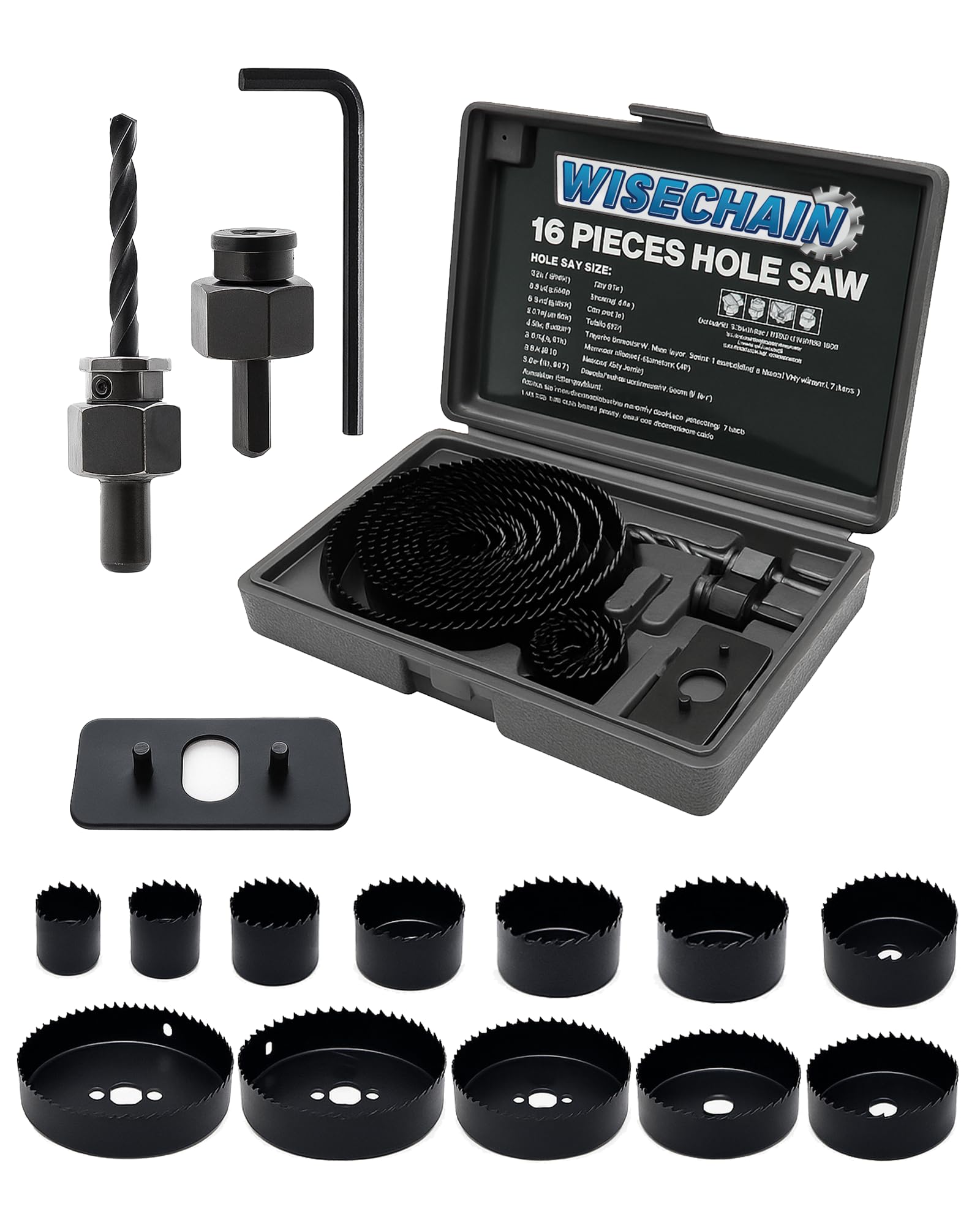 Wisechain 16 PCS Hole Saw Set, 3/4" to 5" (19-127mm), 25mm Cutting Depth for Soft Wood, Plywood, PVC, Drywall, not for Metal and Hard Wood.