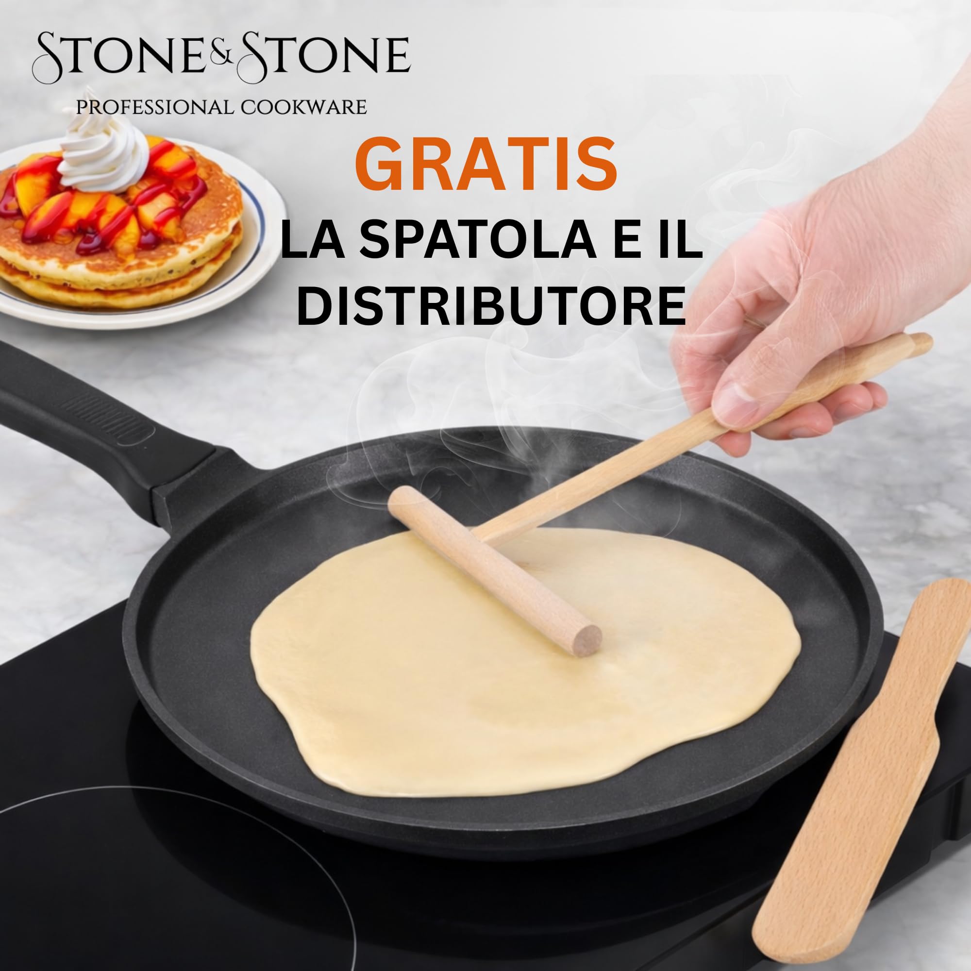 Stone&Stone Padella per Crepes e Pancake 26cm super Antiaderente per Induzione e gas | Crepiera con rivestimento Ceramico Tedesco | Senza PFOA PFAS PTFE | Spatola e Stendi Pastella Inclusi