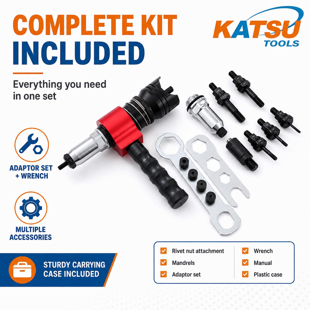 KATSU Tools Accesorio de tuerca remachadora, kit adaptador de pistola de remache multifunción 2 en 1, herramienta de remachado para taladros eléctricos inalámbricos, modelo 405531