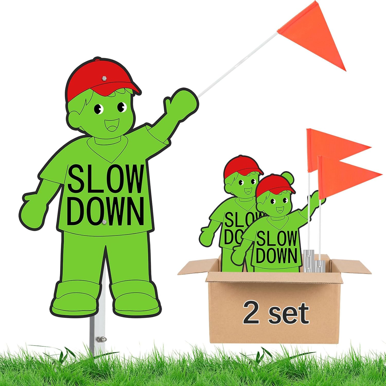 Copkim 2 Set Metal Slow Down Kids at Play Sign with Stake Safety Flag Double Sided Weatherproof Children at Play Safety Street Sign 38" Tall for Neighborhoods Community Outdoor Yard(Boy Style,Green)