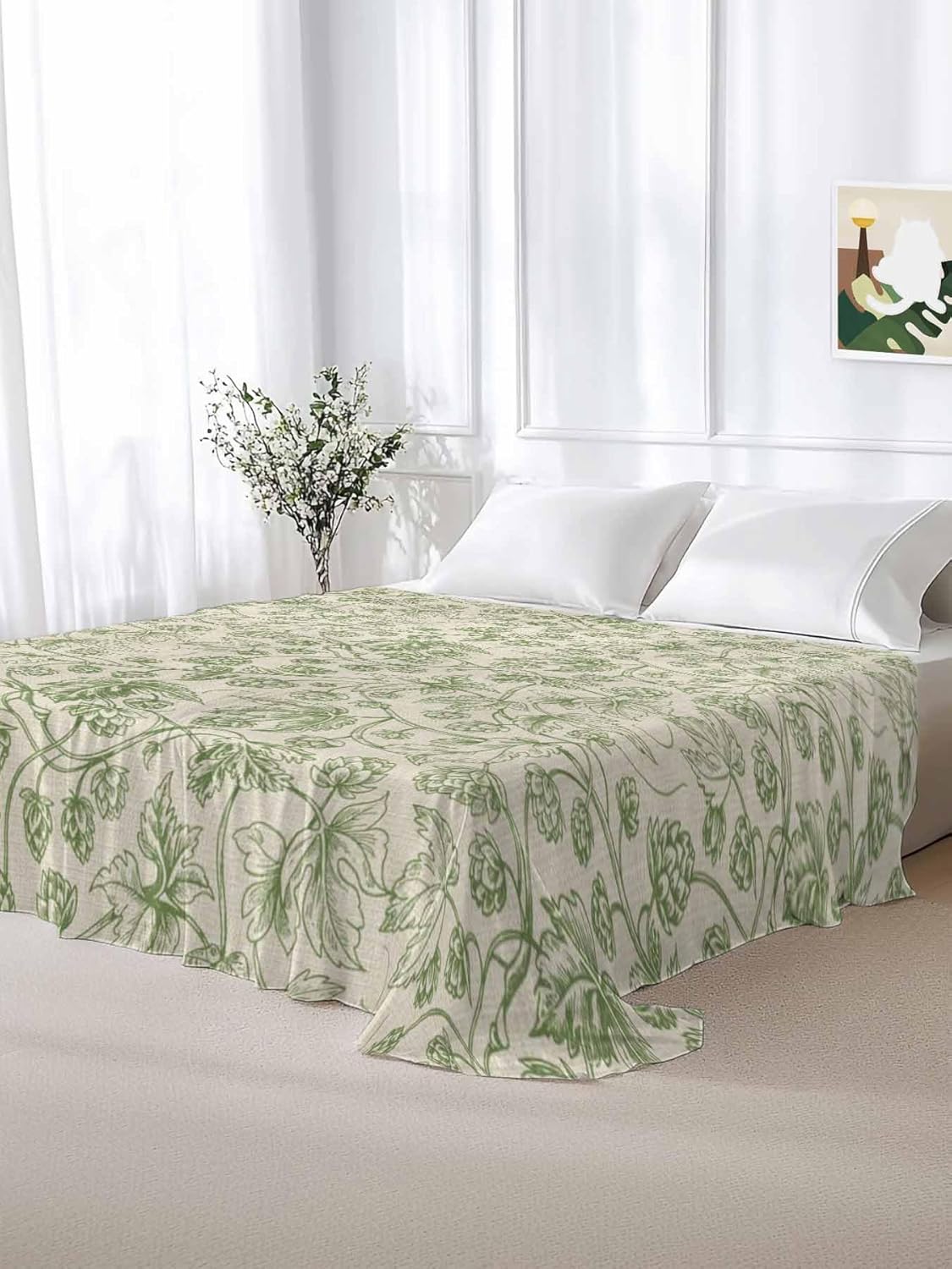 Top Sheet Queen Bedding Flat Sheet Only, Vintage Sage Green Botanical Microfiber Bed Sheets Soft Breathable Bedding Flat Sheets, Ombre Leaves Retro Linen Hotel Luxury Top Sheets