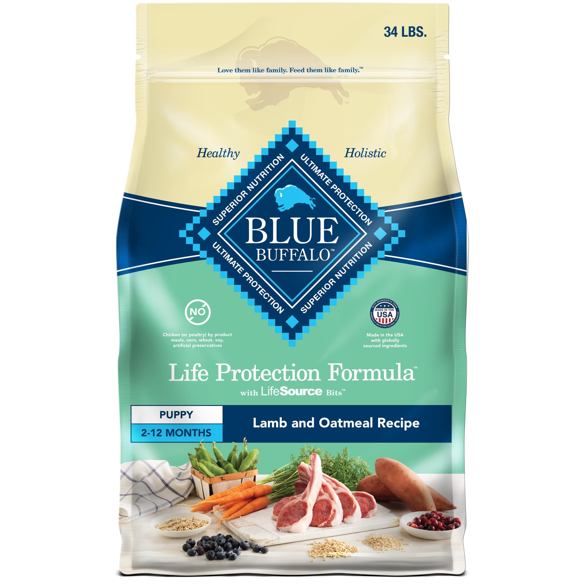Blue Buffalo Life Protection Formula Puppy Dry Dog Food with DHA and ARA, Made with Natural Ingredients, Lamb & Oatmeal Recipe, 34-lb Bag