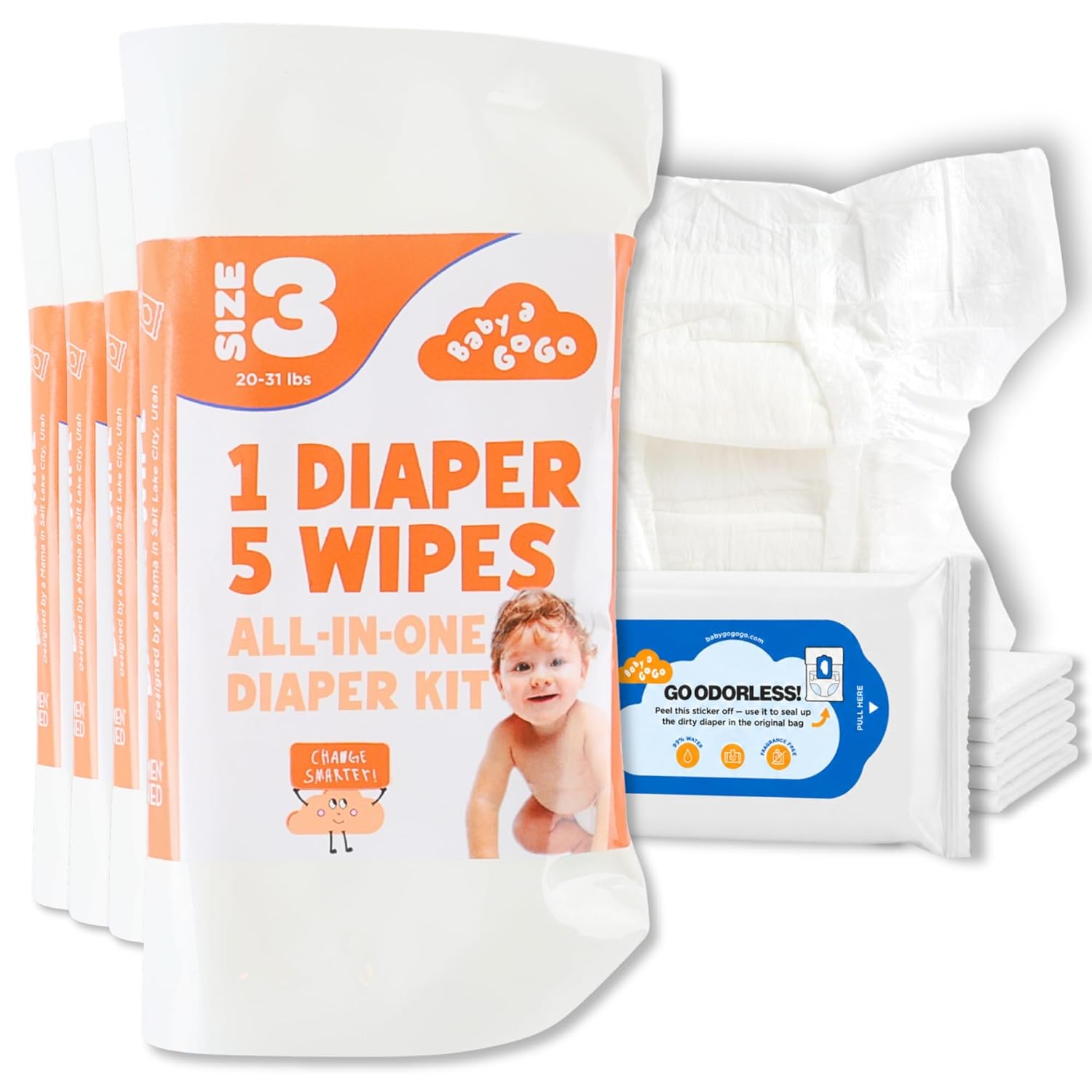 Pocket-Sized Travel Diaper Kit (Size 3, 20-31 lbs) – 10-Kit Value Pack | 1 Diaper, 5 Wipes & Odor-Lock Disposal Bag | Baby Travel Essentials for Airport & On-the-Go