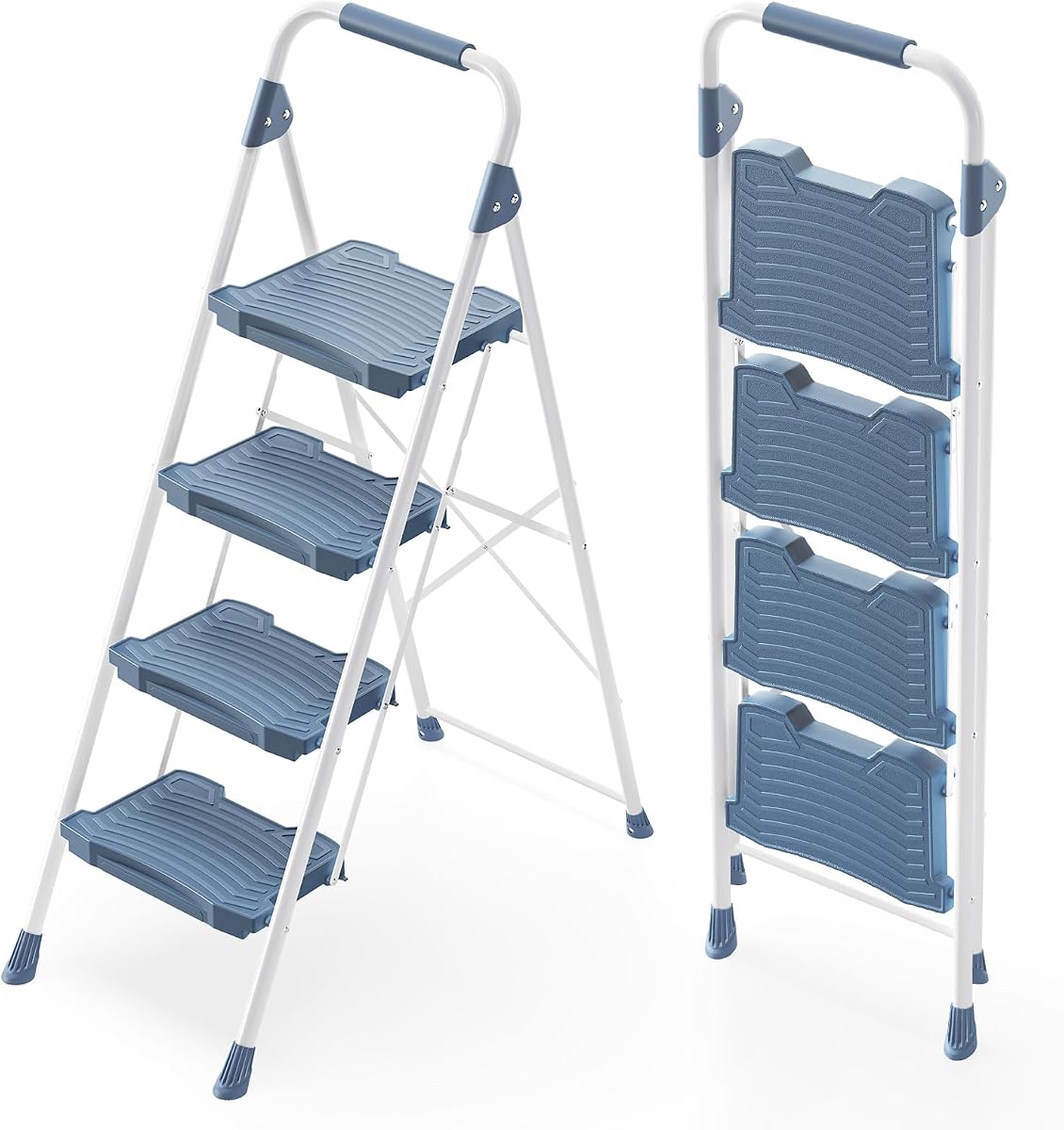 Escalera de 4 peldaños, taburete resistente con pasamanos, pedales anchos antideslizantes, taburete plegable para el hogar, garaje, jardín, azul, bloqueo de seguridad, prueba de 900 libras