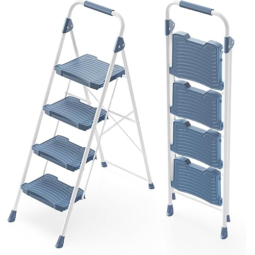 KINGRACK 4 Step Ladder, Sturdy Step Stool with Handrail, Anti-Slip Wide Pedals, Foldable Step Stool for Home, Garage, Garden, Blue, Safety Locking, Pass 900LBS Testing