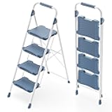 KINGRACK 4 Step Ladder, Sturdy Step Stool with Handrail, Anti-Slip Wide Pedals, Foldable Step Stool for Home, Garage, Garden, Blue, Safety Locking, Pass 900LBS Testing