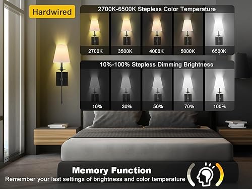 Miniatura 2 de Juego de dos apliques de pared con control remoto, atenuación del 10% al 100% y colores ajustables 2700K-6500K, lámparas de pared cableadas con