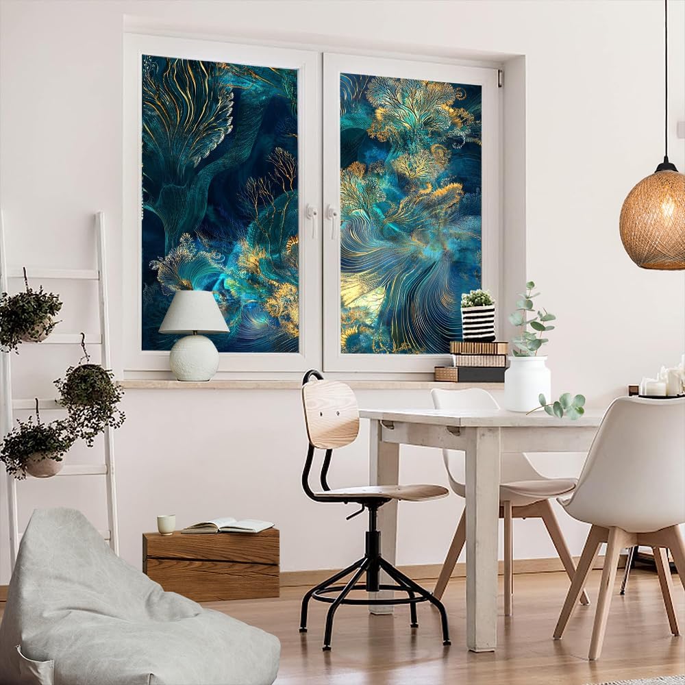 Colorful Corals Window Privacy Film Beautiful Sea Plants Ocean Scene Stained Glass Window Film Decorative Window Sticker for Home Window&Glass Door, Sun Blocking 27.6Wx47.2L inch x 2pcs