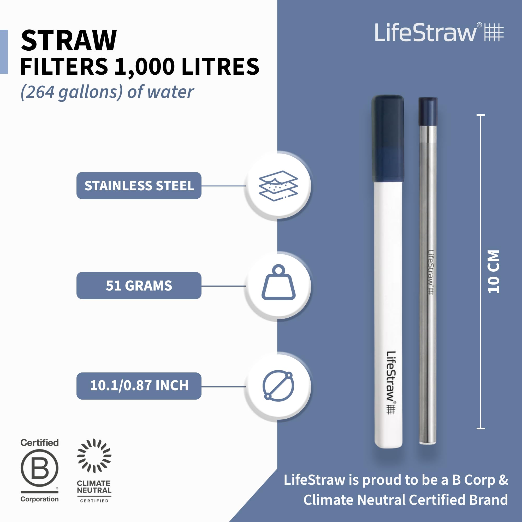 Paille filtre à eau lifestraw sip en acier inoxydable bleu lagune