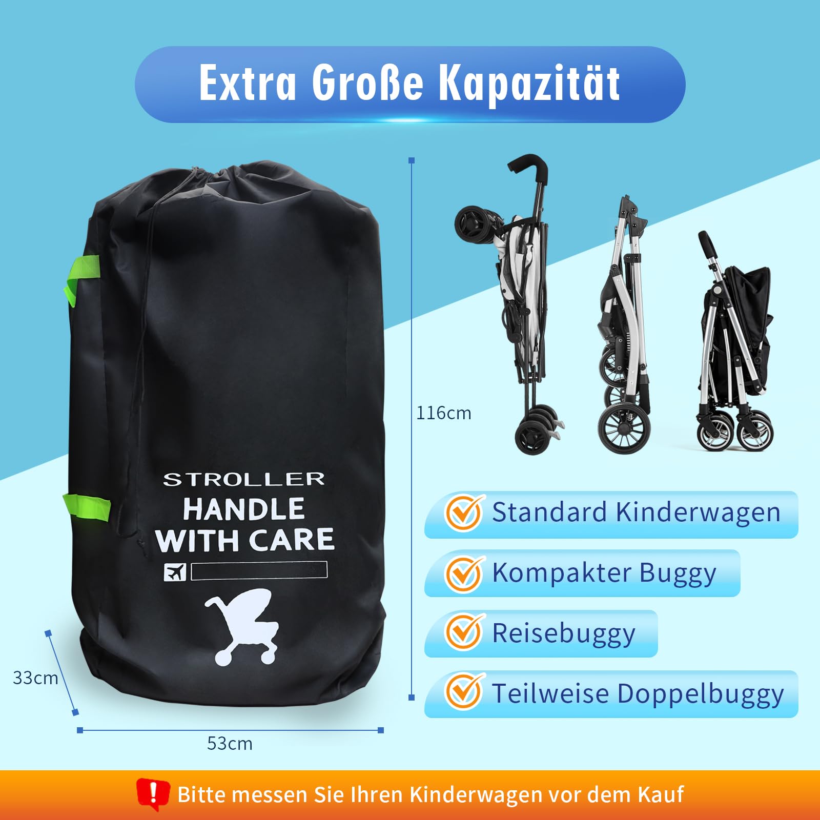 Torba transportowa do wózka dziecięcego, samolot, duża torba transportowa 116 x 53 x 33 cm, wytrzymały pokrowiec ochronny do wózka dziecięcego z tkaniny Oxford, składana torba podróżna do wózka