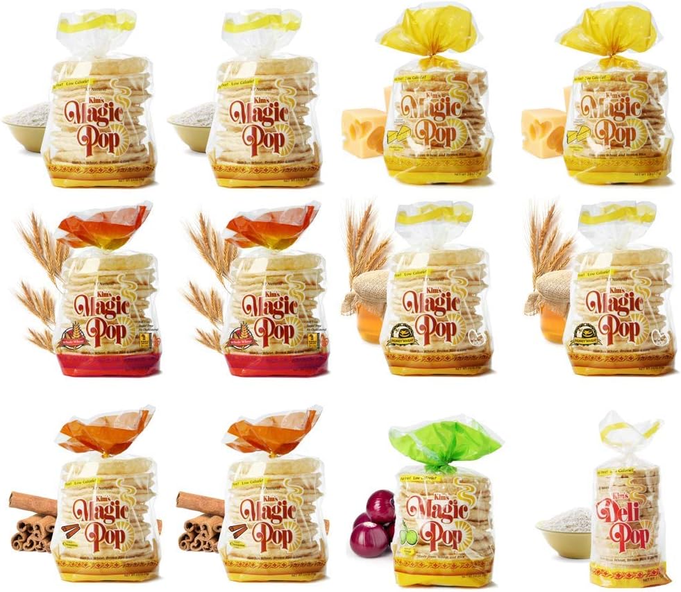Kim's Magic Pop Freshly Popped Rice Cake Combo B 12 Bags | 15 Cakes per Bag | Vegan | Low Carb, Sugar Free, Fat Free, Natural, Multigrain Korean Snack | Easy Bread, Chip, Cracker Replacement
