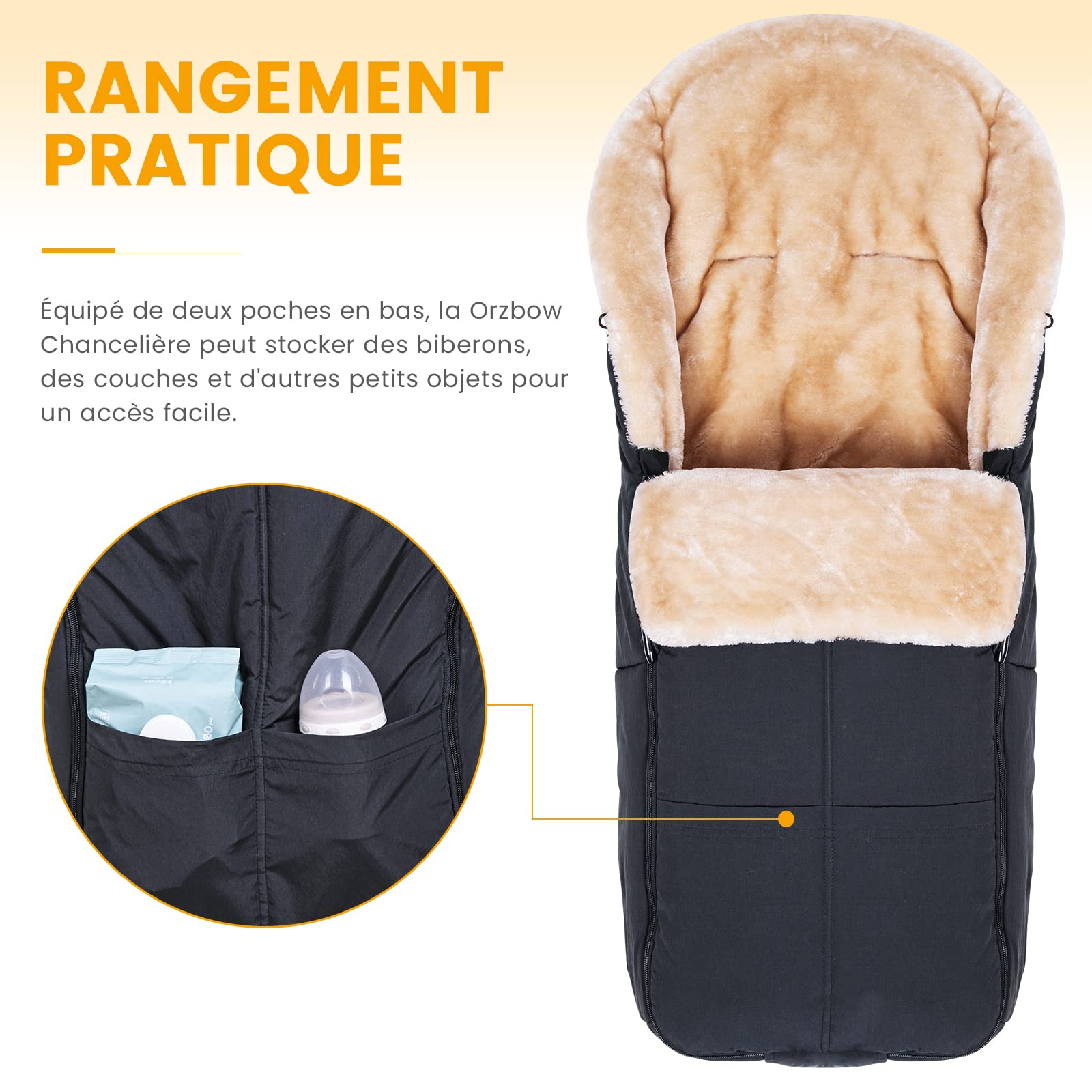 Orzbow Chanceliere Bebe Poussette, Fausse Peau d'agneau, Chanceliere Universelle pour Poussette avec Fermeture Éclair, Amovible et Imperméable, Lavable en Machine (Noir)