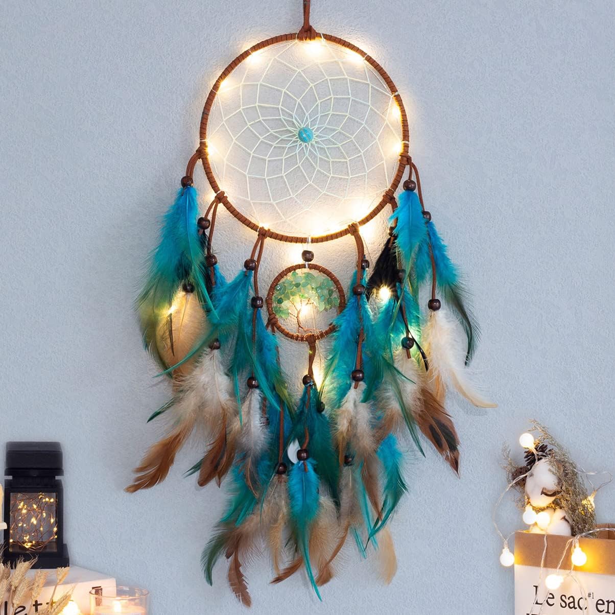 Dream Catcher Tree of Life Blue with Feathers, Handmade Moving LED Lights with Traditional Circular Net for Wall Hanging Bedroom Kids Home Decor Wedding Blessing Party Gift