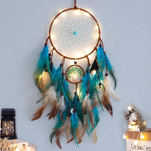 Dream Catcher Blue Tree of Life with Feathers, Mobile LED Fairy Lights Handmade Indians Traditional Circular Net for Wall Hanging Decor, Bedroom Kids, Home Decoration Wedding Party Blessing Gift