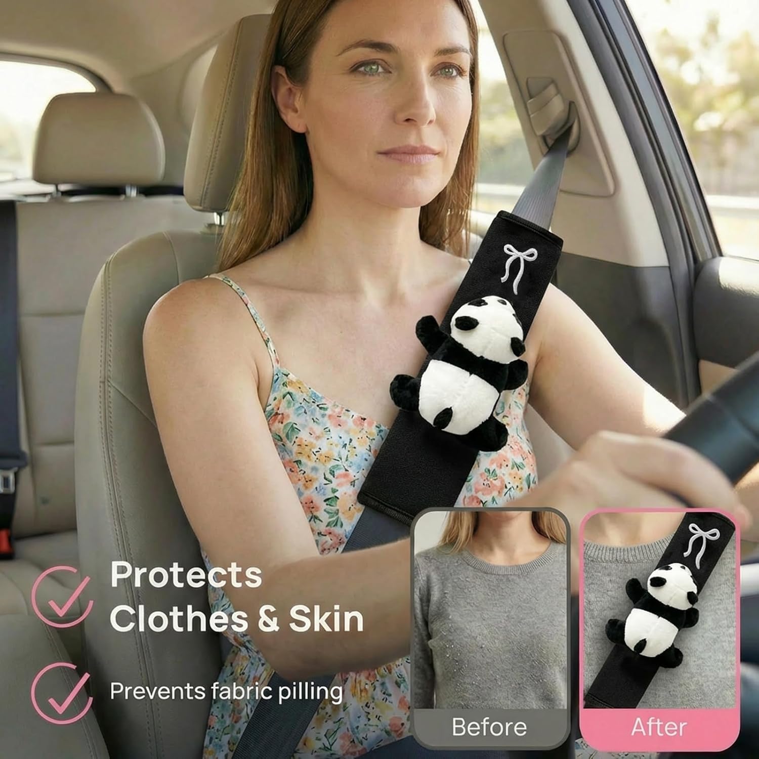 2Pcs Panda Car Belt Cover, Cute Animal Safety Plush Seat Belt Decor for Neck Protector, Non-Fade and Medium Thickness Cover for Family - 9.8 Inch (Lying Down Panda)