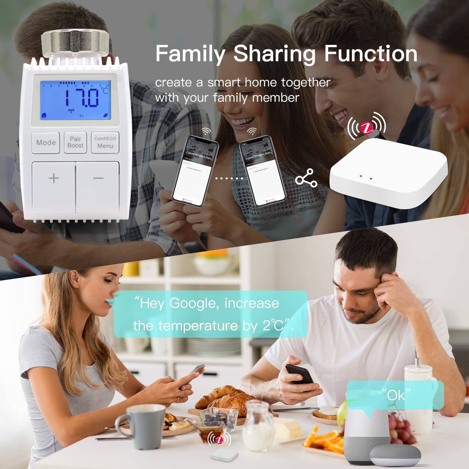BSEED Smart Home 4er Pack Wifi Thermostat Heizung mit Zigbee Hub Heizkörperthermostat ECO Heizkosten sparen Heizkörperthermostatventil Alexa Google Home Tuya kompatibel LCD-Display ohne Batterien