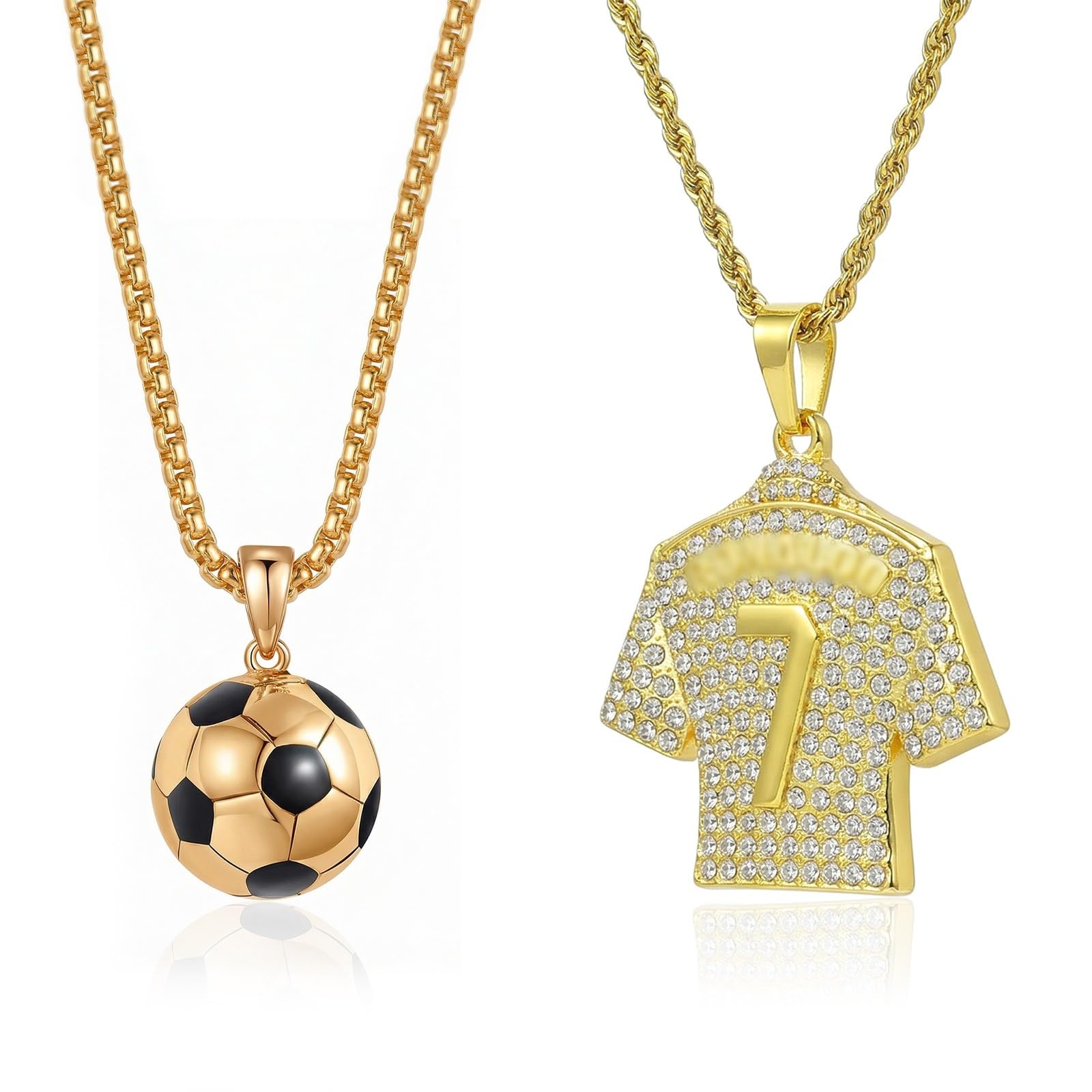 Conjunto de 2 Collares de Fútbol para Hombre y Niño, Colgante de Balón 3D y Dorsal Número 7, Cadena de Acero Inoxidable Dorado de 60cm, Regalo para Fans de Fútbol y Deportistas