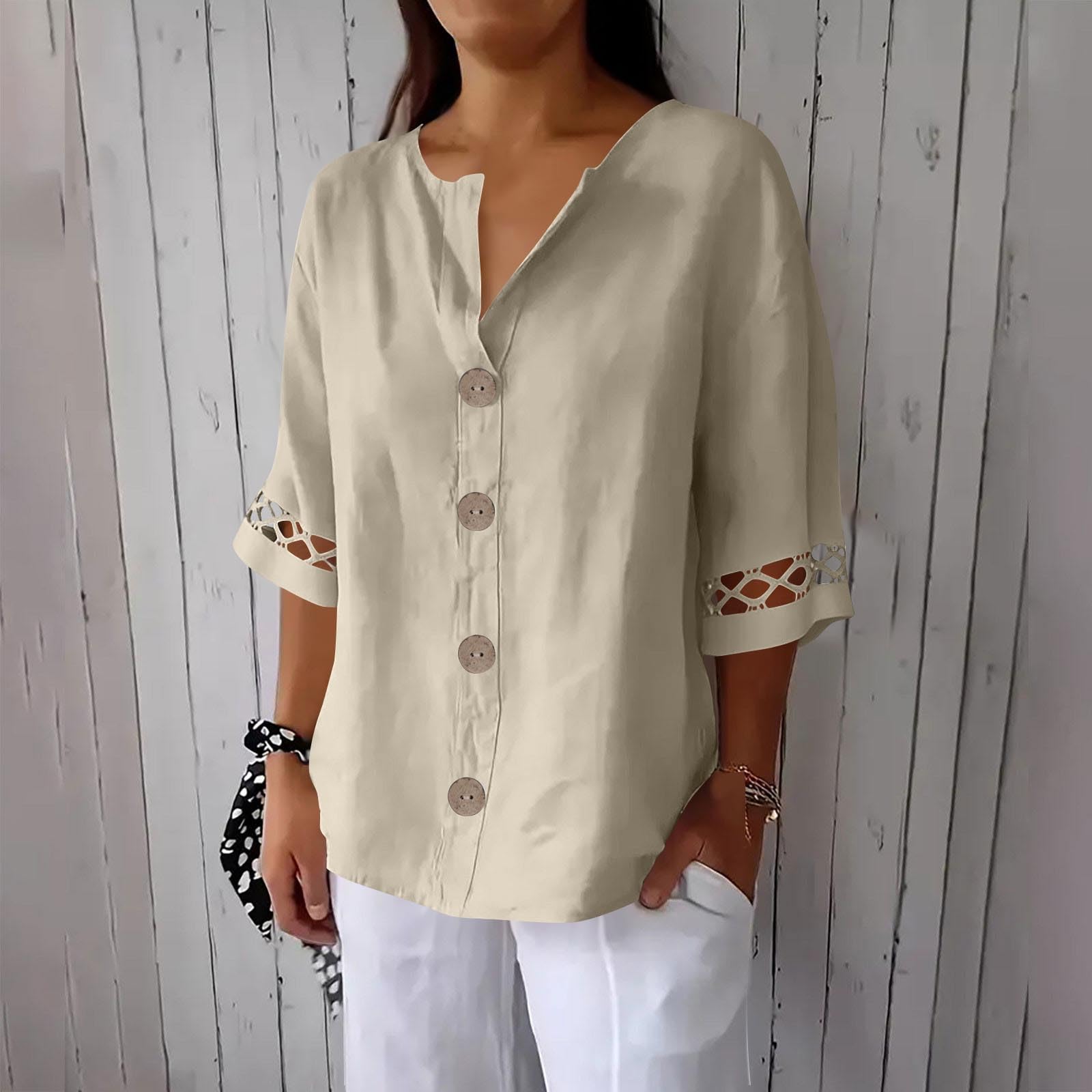 Chemise Lin Femme Été Ample Large Col V à Manches 7/8 avec Boutons Hauts Tee Shirt Grande Taille Couleur Unie Haut Polyvalents Manche Longue T-Shirt Chic et Elégant Printemps et d'été Mode