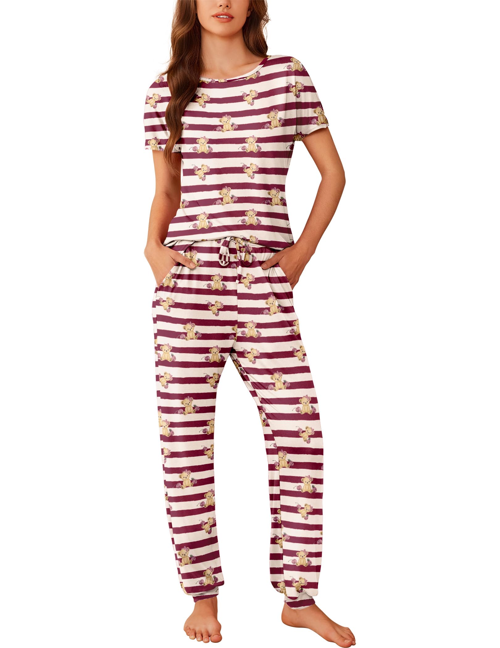 Ekouaer Schlafanzug Damen Kurzarm Süß Print Pyjama Set Sommer Sleepwear Zweiteiliger Nachtwäsche mit Taschen