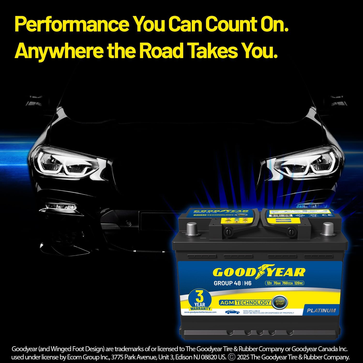 Goodyear 48-H6-AGM BCI Group Size 48 12V 70 AH, 120RC, 760 CCA Platinum series Rechargeable AGM Maintenance Free Automotive Battery