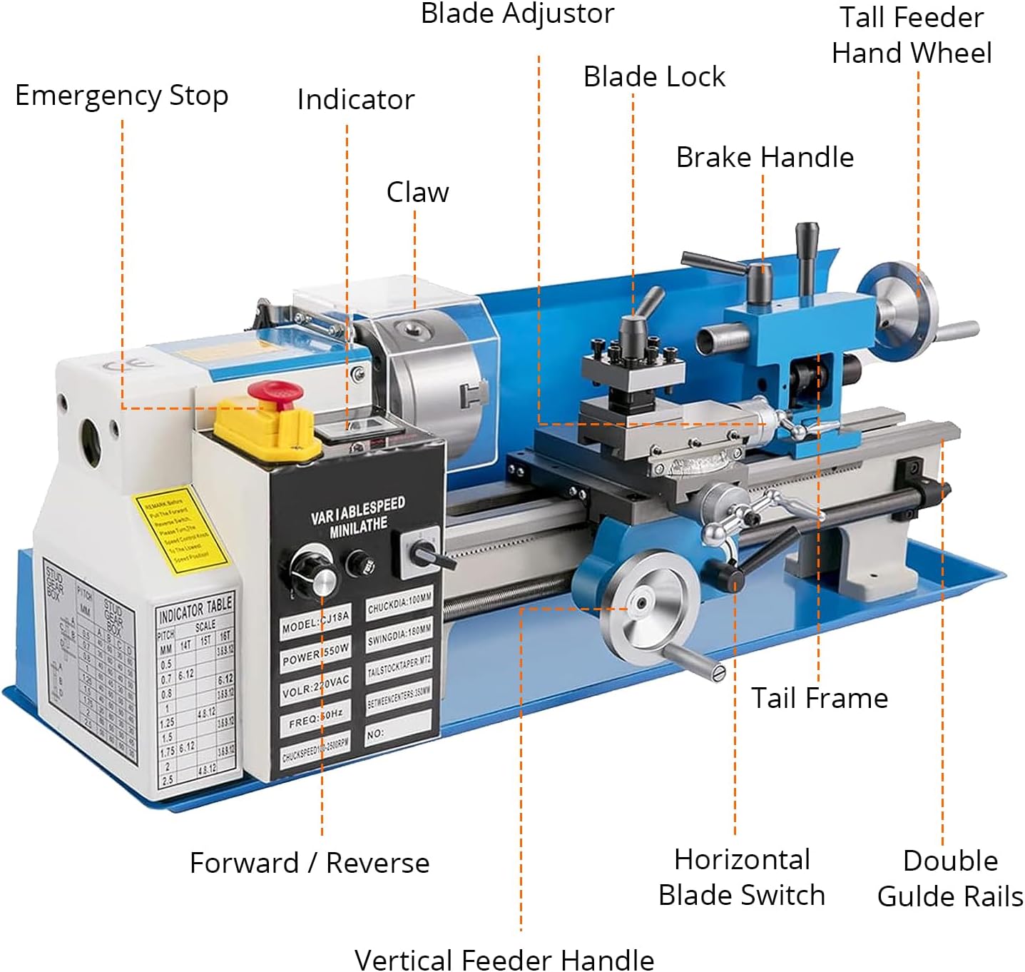 Mini Metal-Lathe Machine Benchtop 550W Variable Speed 2250RPM W/ 3-Jaw Chuck CNC - Picture 7 of 18