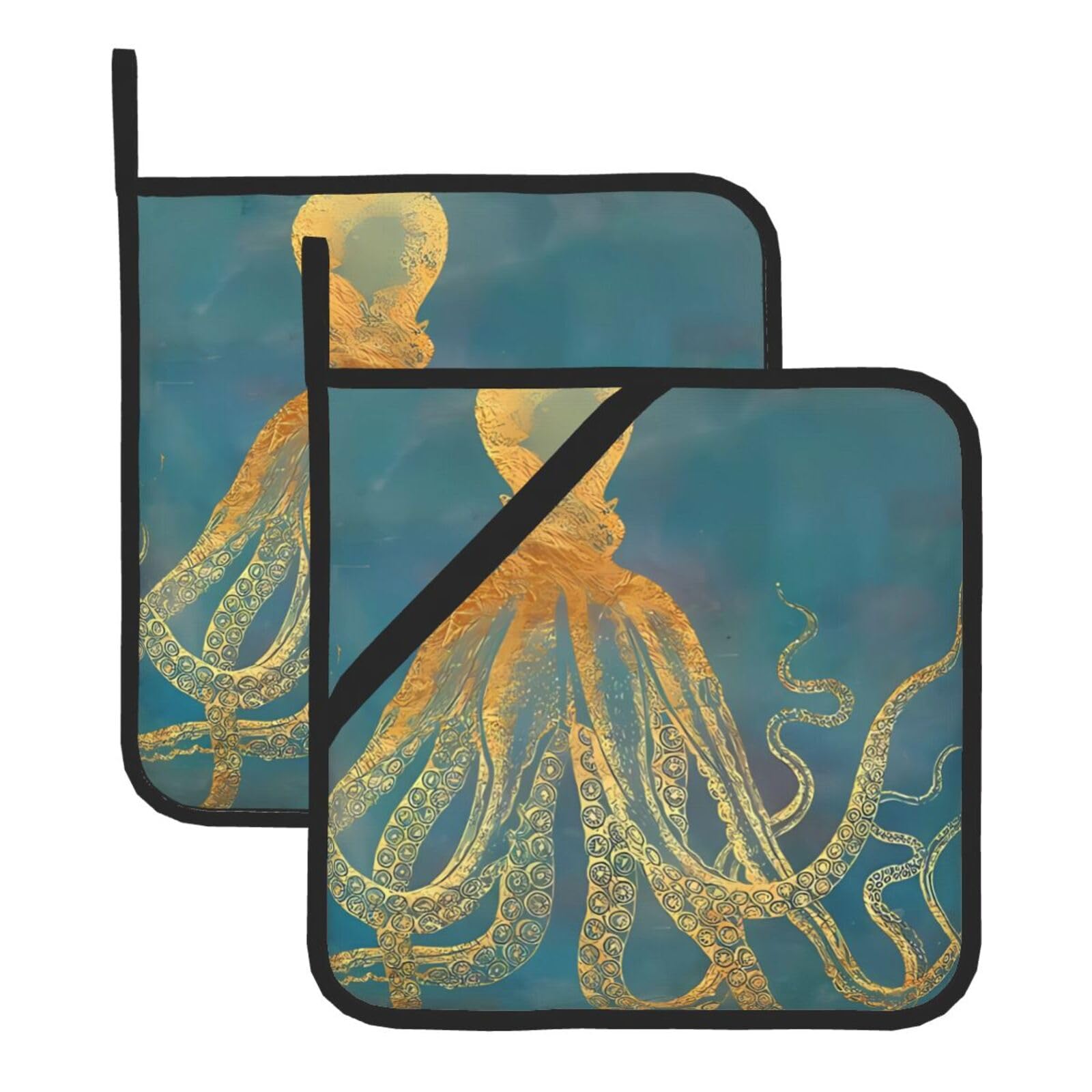 HJFCZH Golden Octopus Prints Square Hot Pads for Kitchen - Waterproof Heat Resistant Potholders, Thick Trivet Covers with Hanging Loops, Oven & Grill Dish Protectors (2-Pack)