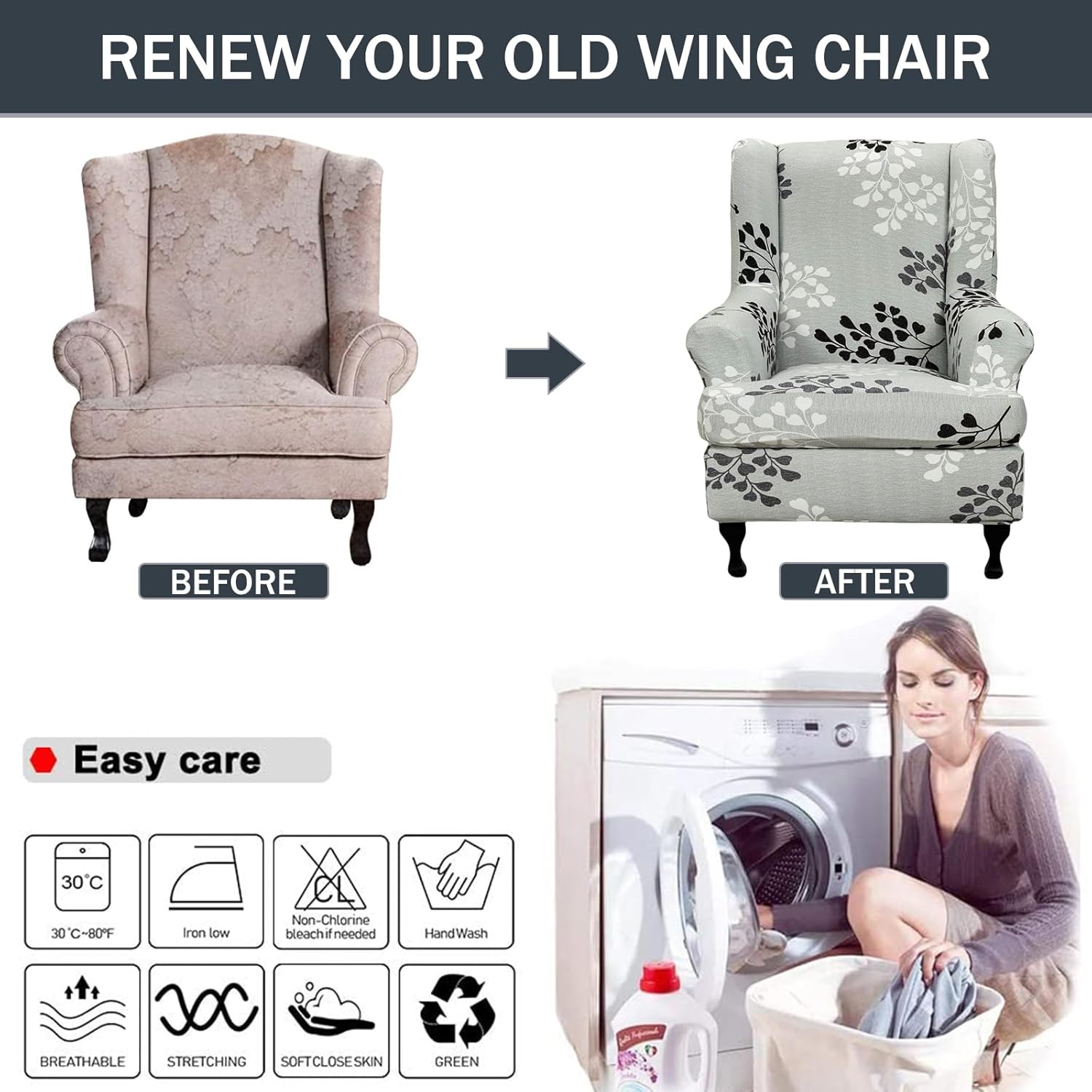 NILUOH Wing Chair Slipcovers 2 Pieces Stretch Spandex Wingback Chair Covers Washable Slipcover for Wingback Armchairs Non-Slip Furniture Protector with Elastic Bottom for Living Room