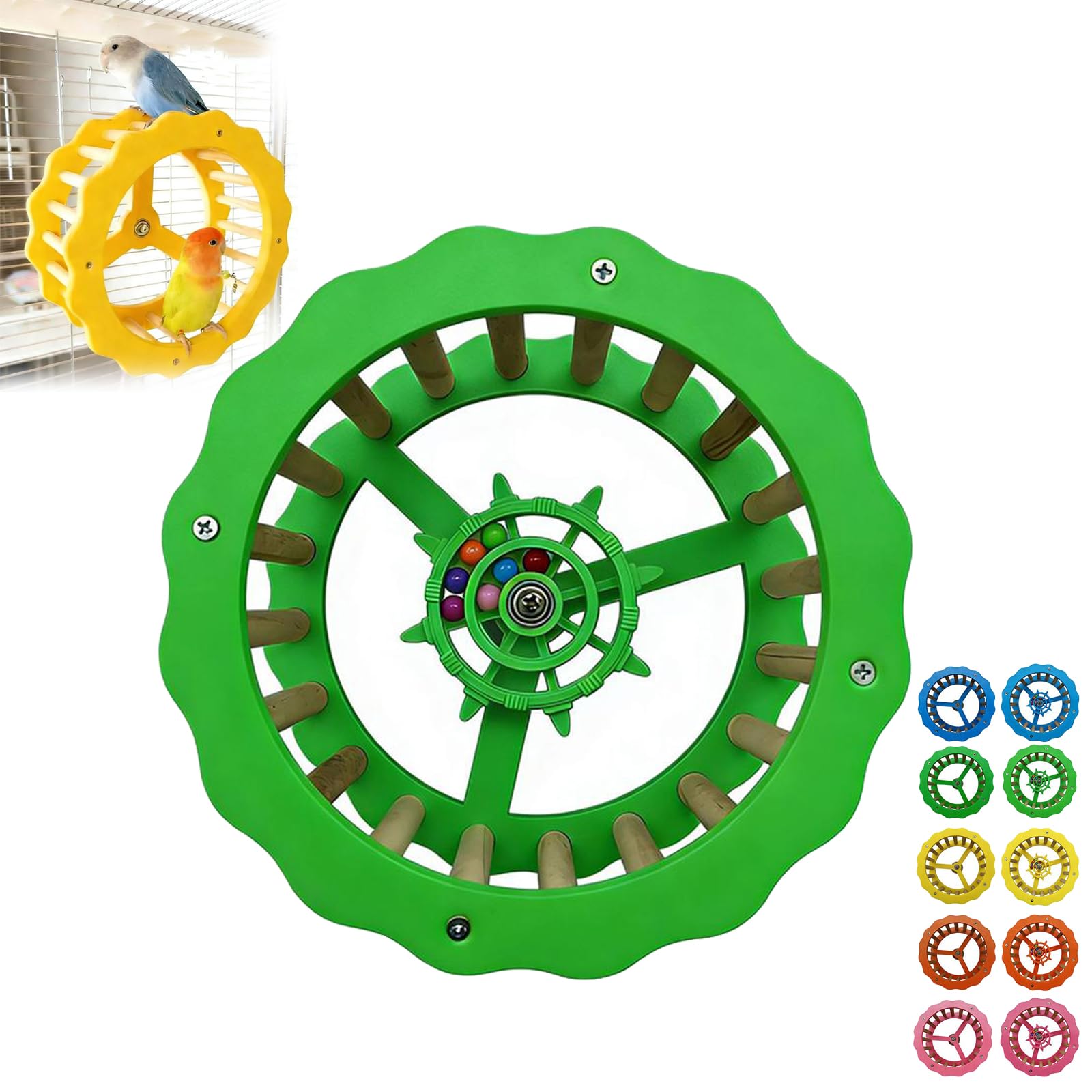 Bird Stand Perch Toy, Interactive Spinning Parakeet Toys, Wooden Exercise Wheel Parrot Toy, Intelligence Puzzle Enrichment Toys,Bird Playground Play Stands for Conure Budgie (Green2)