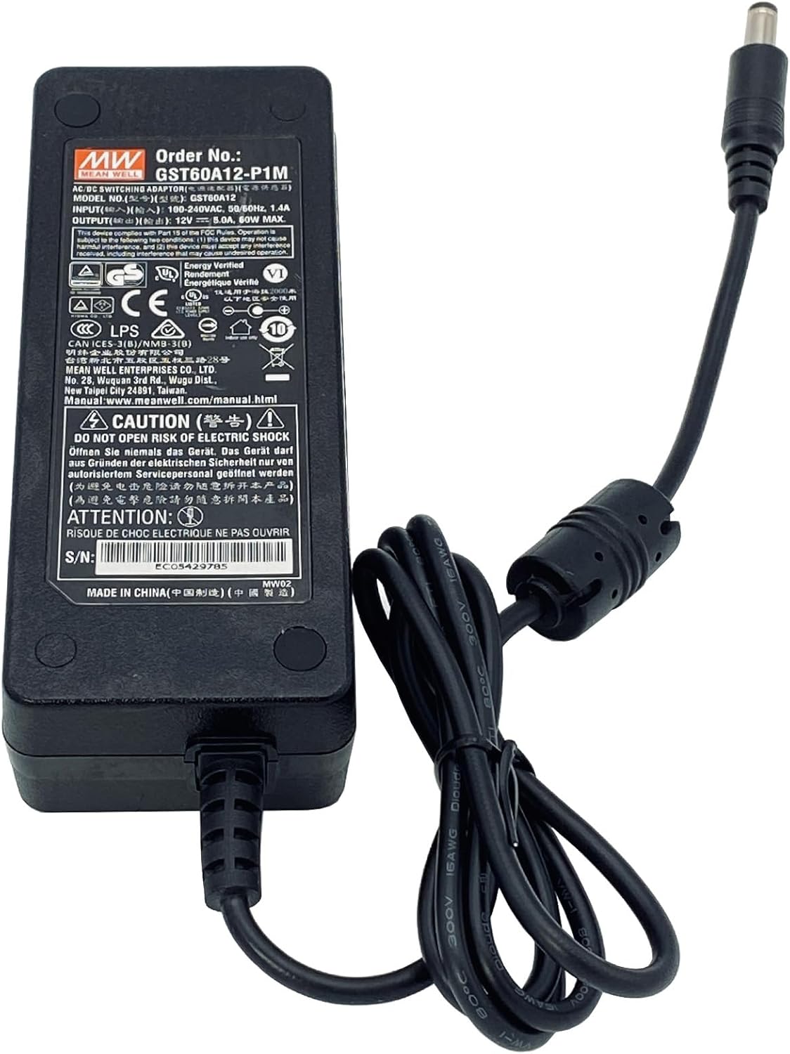 Mean Well GST60A12-P1M AC Adapter 60W 12V 5A Power Supply 5.5x2.5 mm
