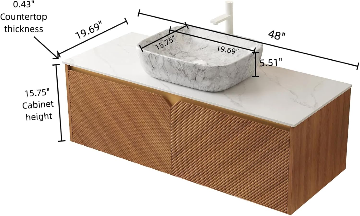 Floating Bathroom Vanity with Sink, 48" Bathroom Storage Cabinet with Sintered Stone Countertop & Marble-Pattern Ceramic Basin, Wall-Mounted Vanity with 2 Twill Pattern Doors, Brown Oak