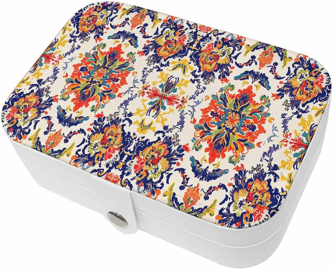 Travel Jewelry Case, Colorful Flowers Abstract Ethnic PU Leather Organizer Box Portable Small Storage Decorative Case for Ring Necklace Earring Gift for Girl Women
