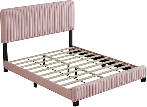 Miniatura 40 de Elegante cama con plataforma tapizada de terciopelo de tamaño Queen con cabecero, para niños, niñas y adolescentes (beige @cabecero/, Queen)