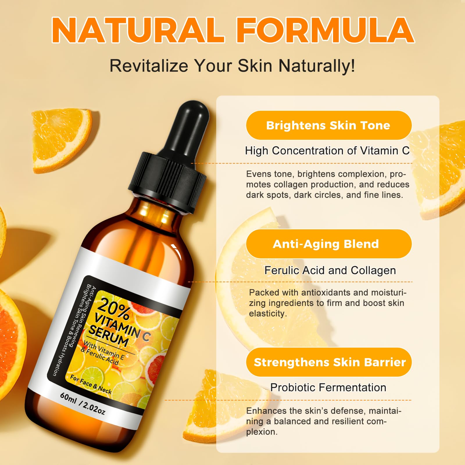 Serum z witaminą C 60 ml, serum z witaminą C z kwasem laluronowym, witaminą E, aloesem, naturalną formułą przeciwzmarszczkową z kwasem ferulowym, organiczne, wegańskie, nawilżające i rozjaśniające