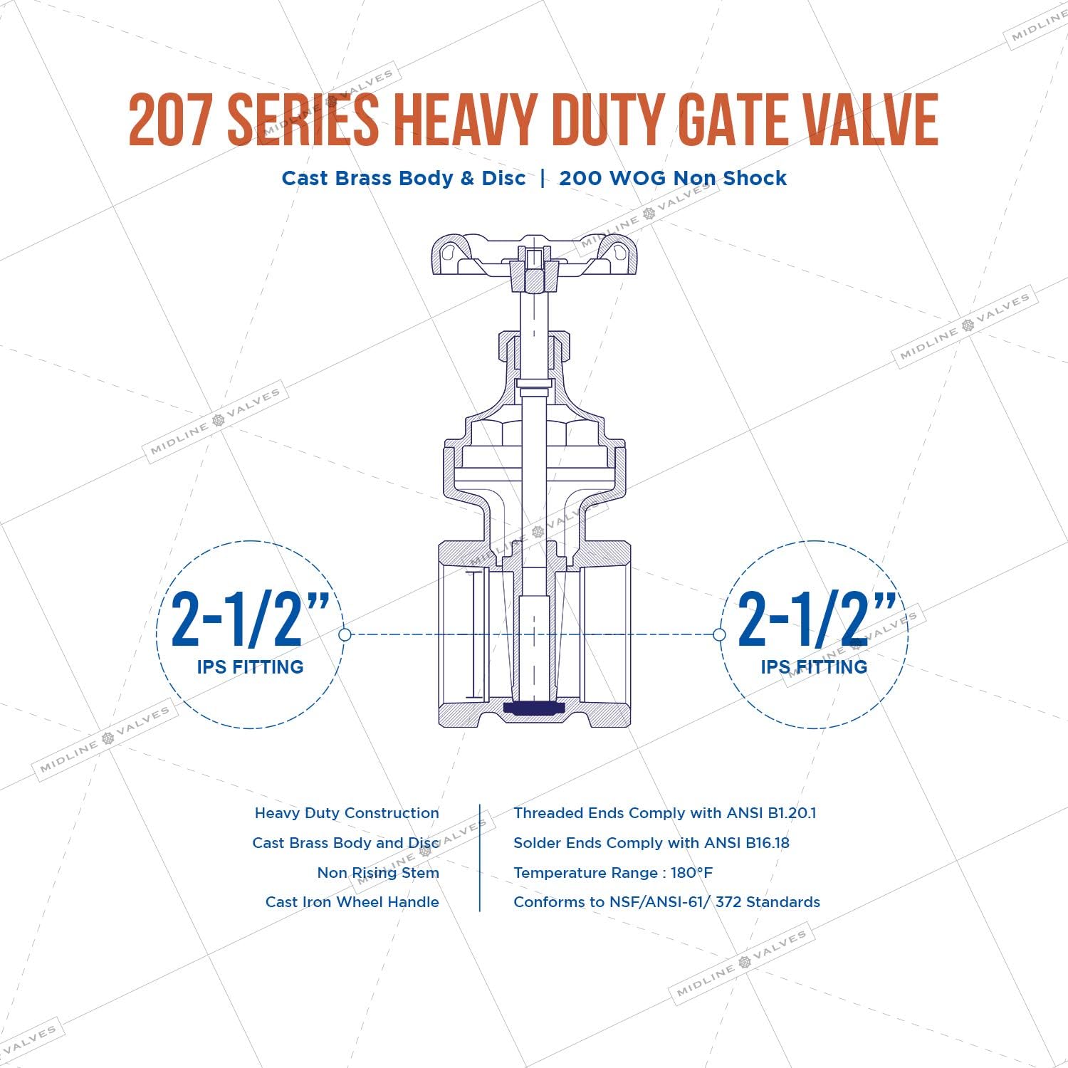 Midline Valve 429U434 Heavy Duty Gate Valve with Wheel Handle, Water Shutoff 2-1/2 in. FIP Connections, Cast Brass