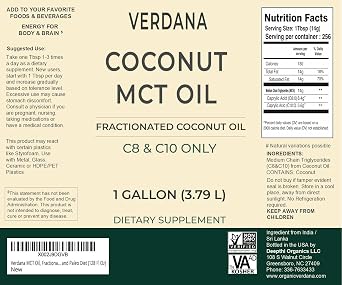 Verdana MCT Oil, Fractionated, 100% from Coconut - 1 Gallon - Kosher Food Grade, Vegan, Non-GMO - Great for Keto and Paleo Diet (128 Fl Oz)