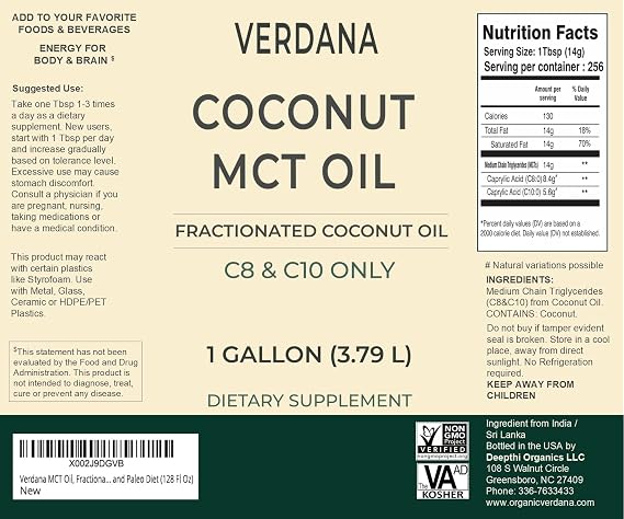 Verdana MCT Oil, Fractionated, 100% from Coconut - 1 Gallon - Kosher Food Grade, Vegan, Non-GMO - Great for Keto and Paleo Diet (128 Fl Oz)