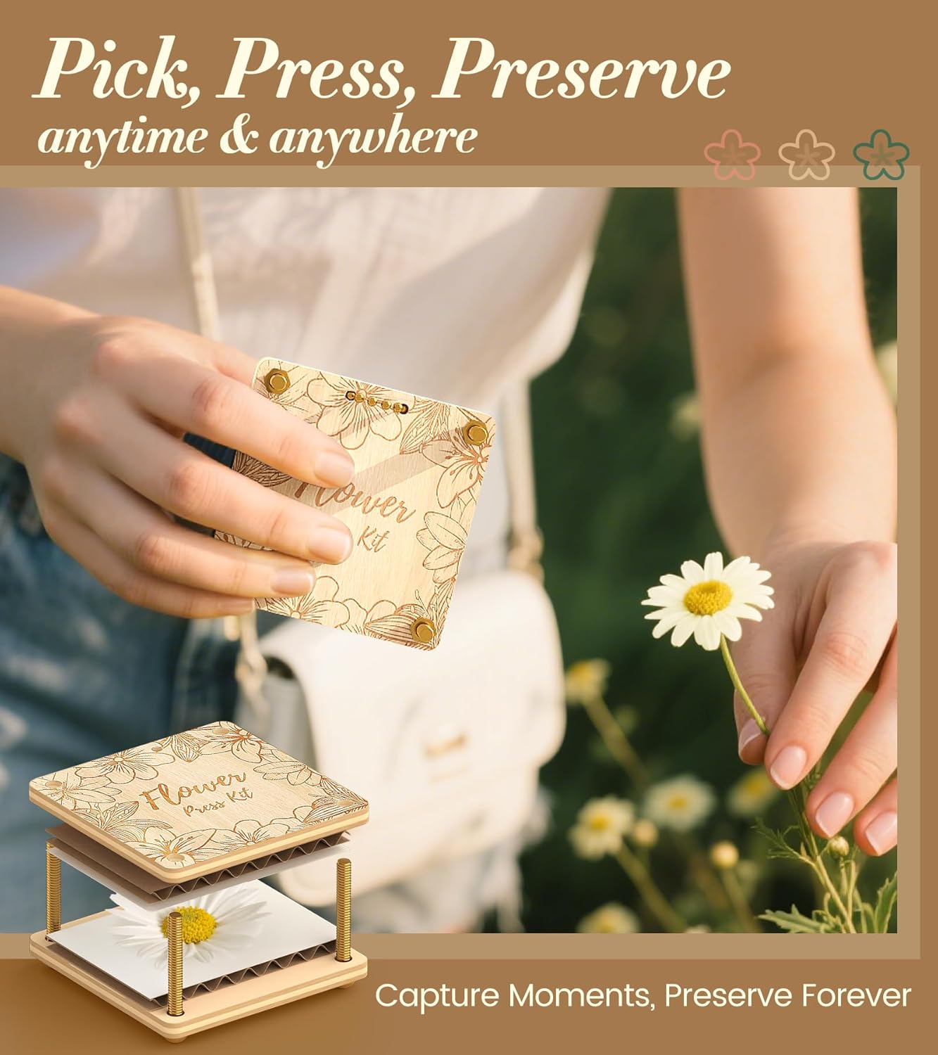 Wakhow Micro Flower Press Kit – 2.5" x 2.5" Mini Pocket-Sized Flower Presser | Small Portable Leaf & Plant Press for DIY Crafts, Art Projects & Nature Gifts