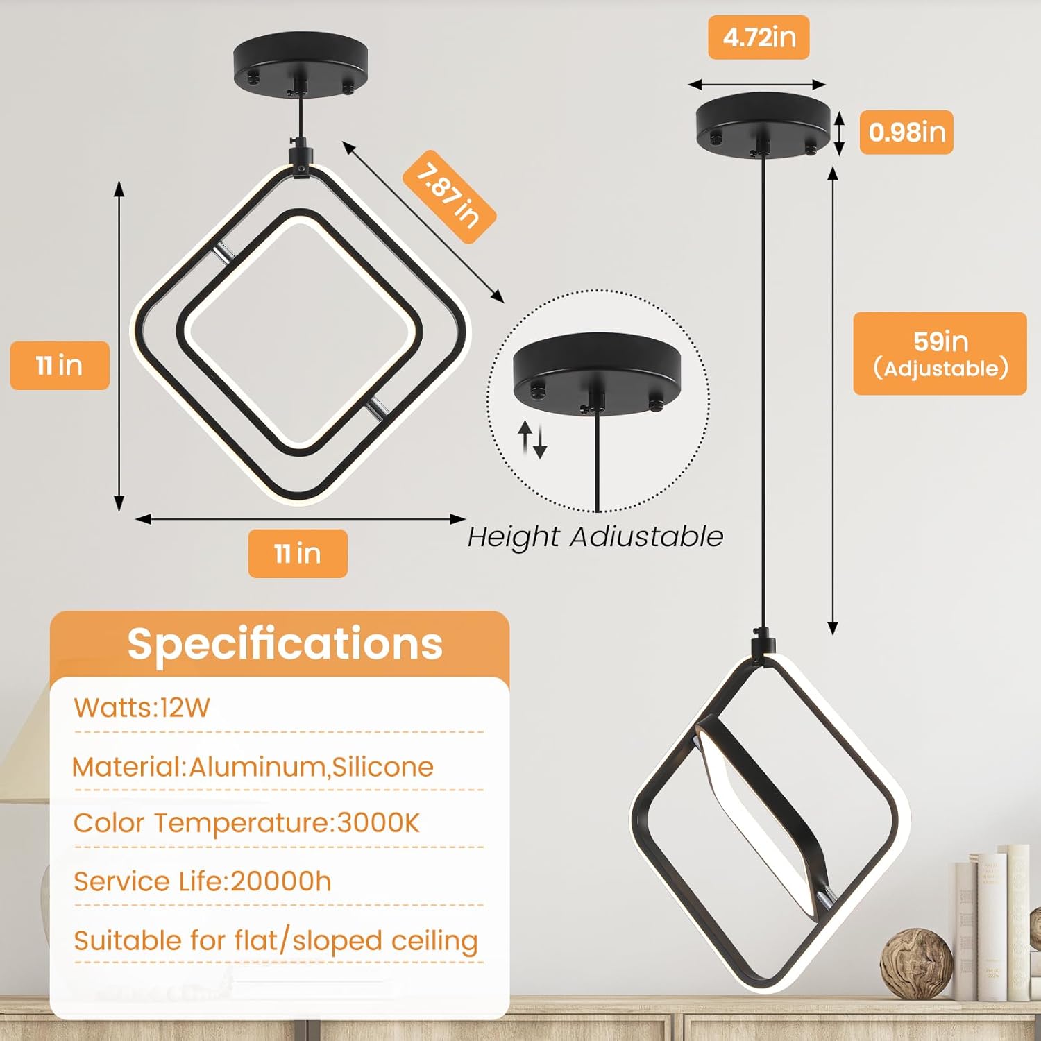 Modern Pendant Lights, LED Pendant Light Fixtures for Kitchen Island, 3000K LED Pendant Lighting for Bedroom, Bathroom, Living Room, Adjustable Height Square Chandelier, 2 Pack
