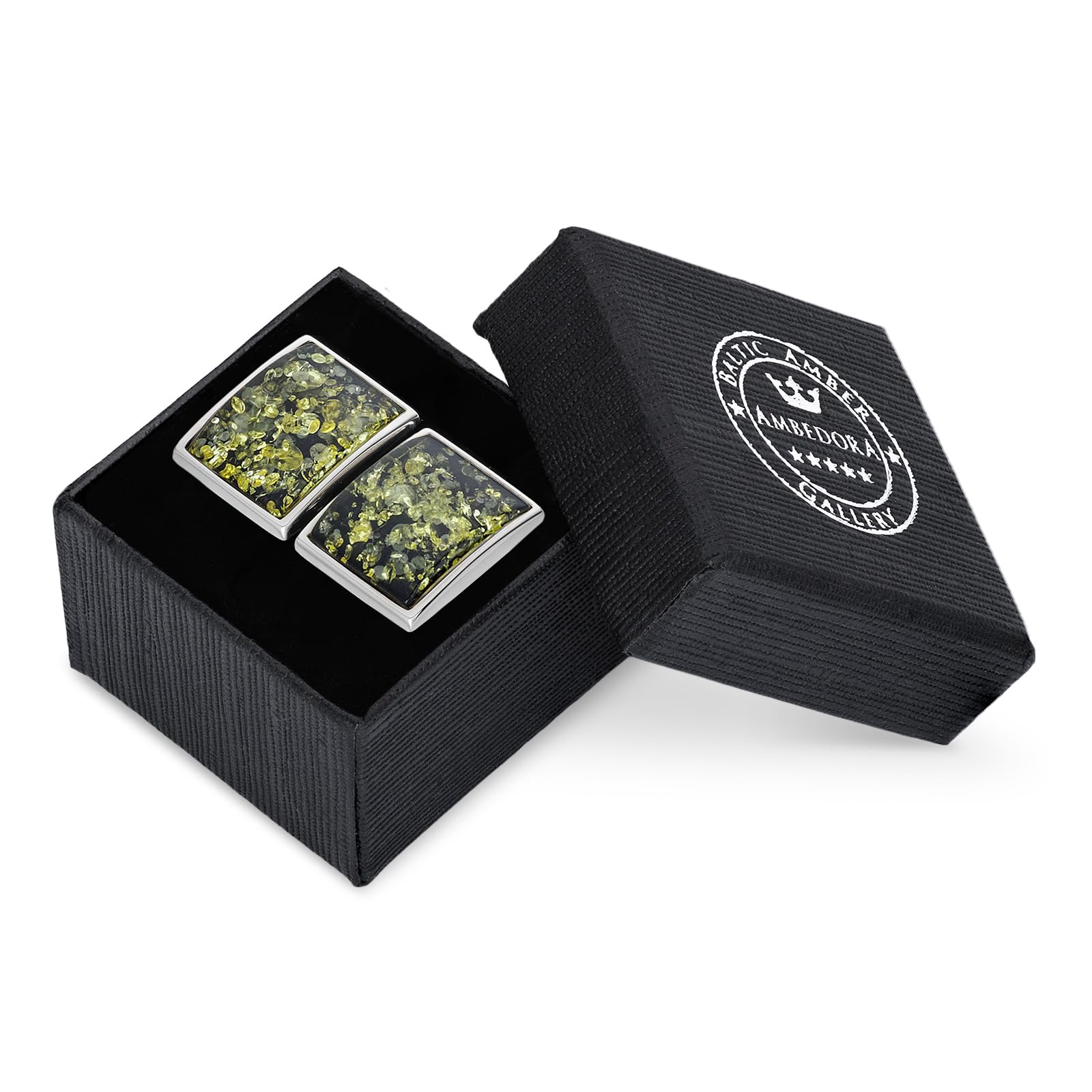 Herren Manschettenknöpfe aus Silber mit Bernstein, moderne rechteckige Form, poliertes Sterling Silber, Natur Bernstein in Grün Farbe, Geschenkidee