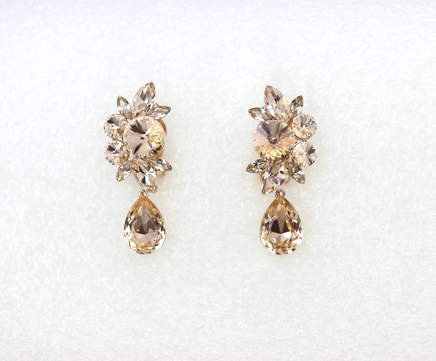 Faship Statement Premium Rhinestone Crystal Dangling Floral Clip On Earrings For Women