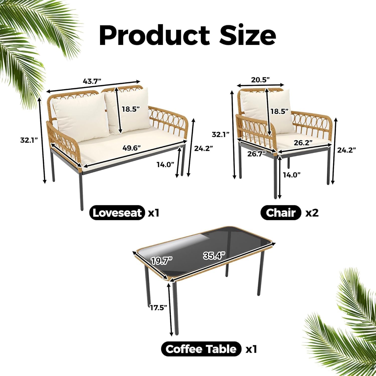 4-Pieces Outdoor Patio Conversation Set, Wicker Furniture Set with Coffee Table & Cushions, Outdoor Sectional Sofa for Balcony, Backyard, Deck, Poolside