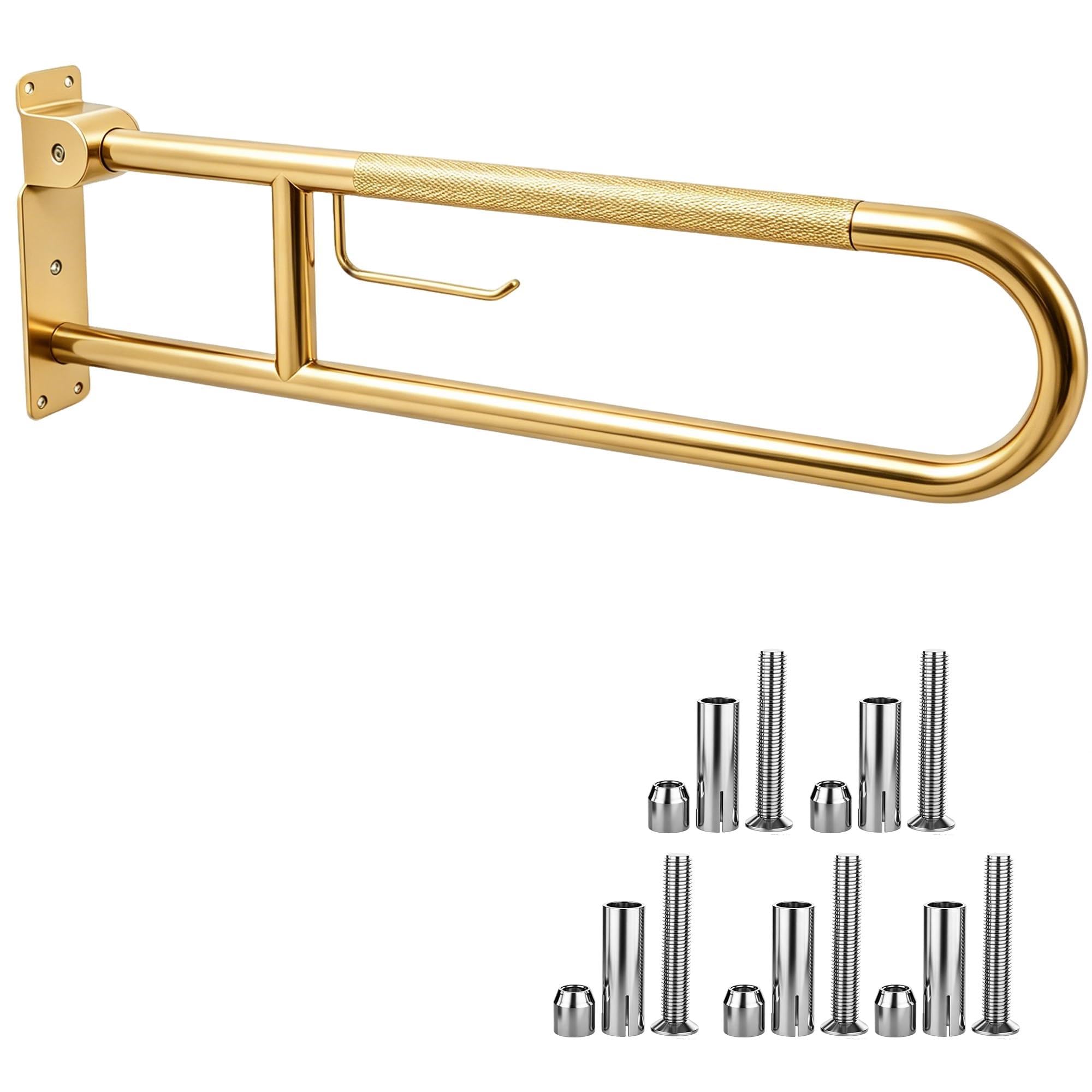 30.3 Inch Toilet Grab Bar, HUAS Gold Anti Slip Bathroom Toilet Safety Rails, U Shaped Flip-Up Handicap Grab Bars w/Paper Holder, Stainless Steel Support Handrail for Elderly Disabled Senior