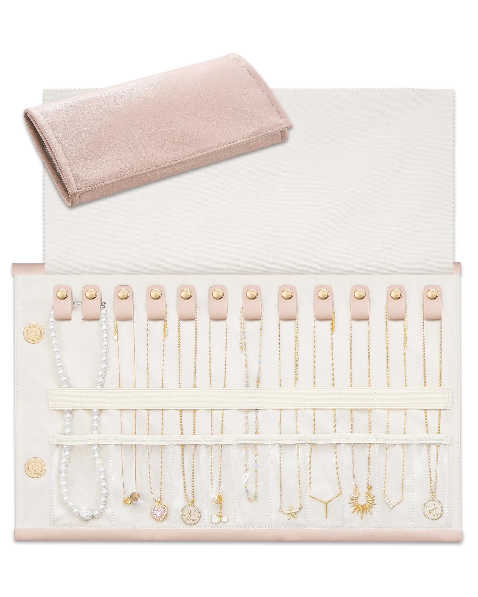 Lolalet Travel Necklace Organiser, Tangle-Free Necklace Case for Travel, Leather Foldable Roll Up Jewellery Storage Bag for Necklaces Chains Bracelets -Pink, 12 Slots Holder