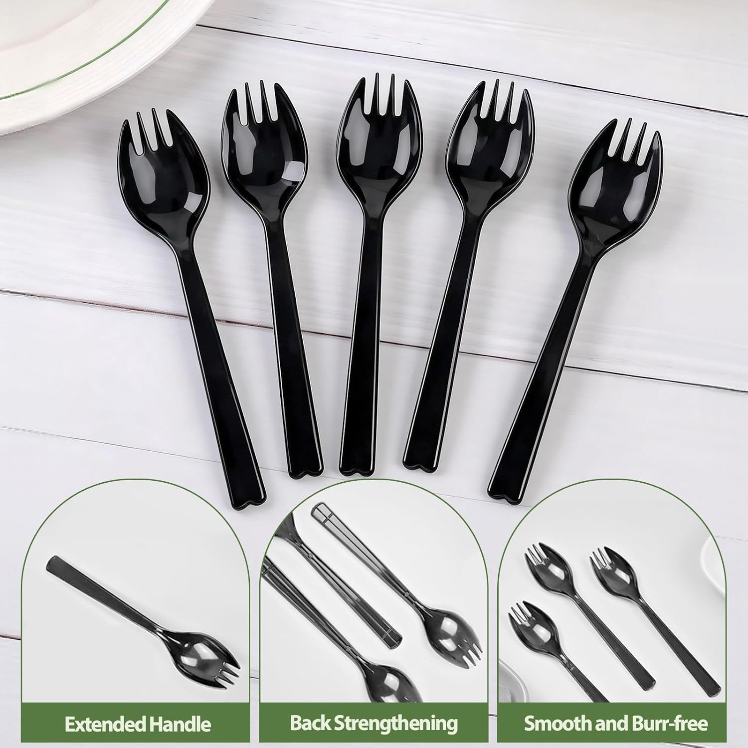 50 Pack Long Handle Plastic Sporks, 6.3Inch 2 in 1 Utensils, Large Heavy Duty Disposable Fork Spoon for Restaurants, Appetizer, Catering, Tastings, Desserts & Parties